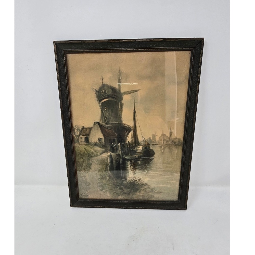 Vtg windmill seaside countryside print framed farmhouse‎ folk art cottagecore